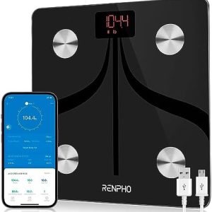 RENPHO Smart Body Fat Scales USB Rechargeable, Bathroom Scales for Body Weight High Precision Weighing Scale with Bluetooth Smart App, Body Composition Monitor for Body Fat, BMI, Muscle Mass, Elis 1
