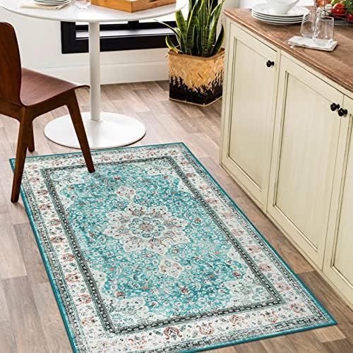 Retro Oriental Area Rug - 3x5 Persian Washable Rugs Boho Non-Slip Indoor Rug for Kitchen Entryway, Low-Pile Front Door Mat Print Distressed Accent Rug for Bedroom Foyer Laundry Sink,Turquoise