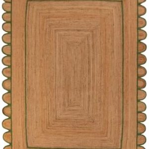 Ripaz Vogue Rug Jute Scallop Design Hand Woven Beige with Green Border Rectangle Runner Area Rug Hand Braided Rug for Living Room Decorative Look Rug (60 x 90 cm)