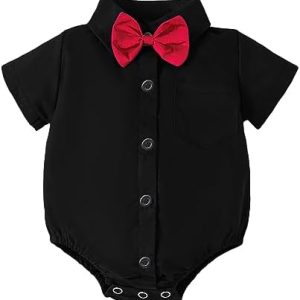 SBOWOO Baby Boys Formal Dress Shirt Bodysuit Long Short Sleeve Button Down One-Piece Gentleman Romper Jumpsuit with Bow Tie Wedding Christening Party