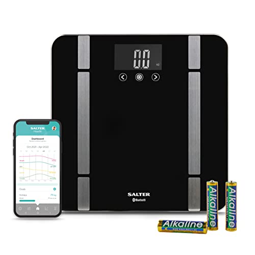 Salter SA00432FEU6 Smart Digital Bathroom Scale -Bluetooth Connect to Phone With Salter Health App, 200kg Capacity, Measures Weight, Body Fat/Water, Muscle/Bone Mass, BMI & BMR, 8 User Memory, Black