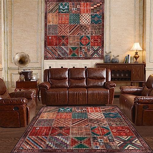 Square Rugs 120 x 120, Living Room Décor, Colourful Patchwork Vintage Design Soft Short Pile Rug Bedroom, Washable Carpet Dining Room Kitchen Mat,