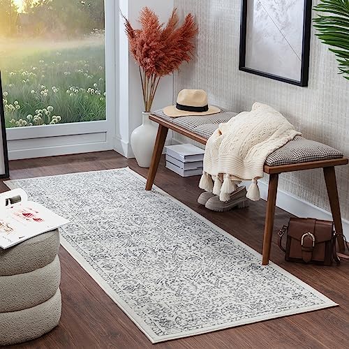 Surya Palermo Vintage Rug - Runner Rugs Living Room, Hallway - Shabby Chic Natural Rug, Traditional Boho Rug Style, Easy Care Floor Rugs - Large Carpet Runners 80x220 cm Ivory and Grey Rug