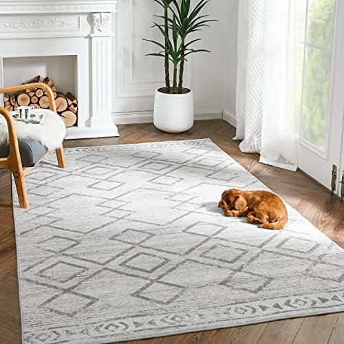 TOPICK Area Rug 150x210cm Grey Modern Soft Short Pile Large Rug Living Room Indoor Mat Geometric Print Floor Cover Thin Lightweight Carpet Non Slip for Bedroom Kitchen Dining Room Office