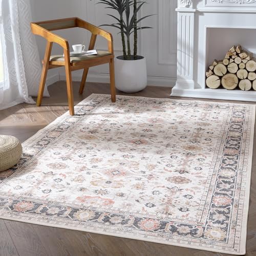 TOPICK Area Rug Brick Red 120x180cm Living Room Rug Vintage Floral Rug Non Slip Thin Washable Rug Indoor Floor Cover Foldable Lightweight Carpet Office Bedroom Kitchen