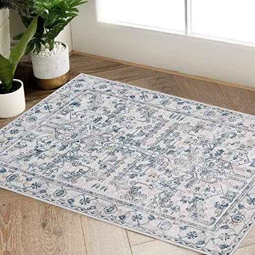 TOPICK Doormat 60x90cm Entryway Area Rug Vintage Distressed Blue Rug Entrance Mat Foldable Thin Rug Washable Floral Print Carpet Non Slip Lightweight Rug Kitchen Bathroom Living Room Bedroom