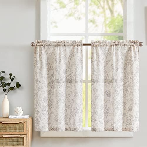 TOPICK Spring Floral Kitchen Curtains 24 Inch Drop Linen Curtains Translucent Short Cafe Curtains Botanic Print Small Window Curtains Rod Pocket for Laundry Room Bathroom 2 Panels Verbena Grey