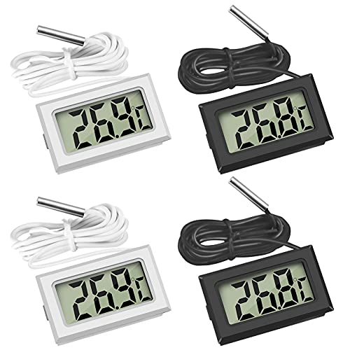 Thlevel 4x Digital LCD Thermometer Temperature Monitor with External Probe for Fridge Freezer Refrigerator Aquarium (2x Black 2x White)
