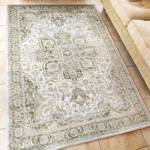 Traditional Antique Floral Medallion Sage Green Lounge Living Room Carpet Rug Classic Oriental Cream Moroccan Distressed Hallway Bedroom Kitchen Dining Room Floor Mat Area Rugs 120cm x 170cm