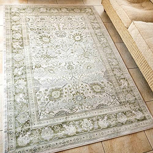 Traditional Antique Floral Sage Green Living Room Carpet Rug Olive Distressed Oriental Cream Classic Bedroom Hallway Kitchen Dining Room Floor Mat Rugs 120cm x 170cm