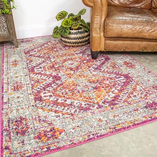 Traditional Aztec Pink Rug Distressed Vintage Orange Bohemian Living Room Area Bedroom Rugs 120cm x 170cm