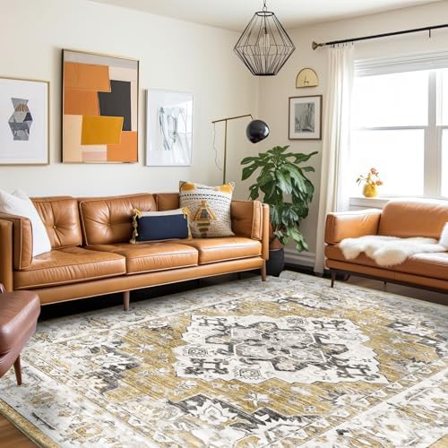 Vamcheer Vintage Area Rugs for Living Room - Traditional Extra Large Washable Soft Short Pile Rugs for Bedroom Classic Carpet for Kitchen Office Dining Room Non Slip Non Shedding, 200x300CM, Gold