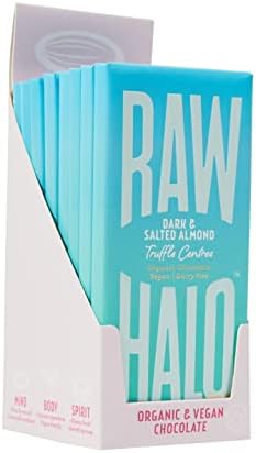 Vegan Chocolate Bar - Raw Halo - Dark & Salted Almond Truffle Centres - 8 x 90g Bars - Organic, Dairy Free & Gluten Free