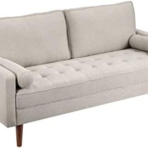 Vesgantti 2 Seater Sofa, Fabric Beige Loveseat Sofa, Mid Century Modern Small Couch for Living Room, Button Tufted Seat Cushion, Square Armrest, 2 Bolster Pillows, Fit for Small Space/Bedroom/Office