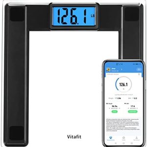 Vitafit 550lb Extra-High Capacity Digital Bathroom Scale for Body Weight and BMI Via Smart APP, Weighing Professional Since 2001, 8mm Tempered Glass and Step-on, Extra Large Blue Backlit LCD, Black