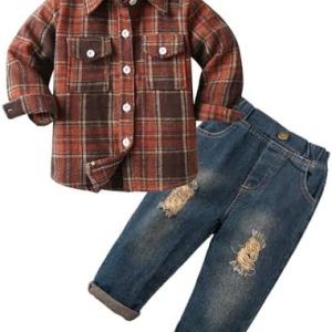 Volunboy Baby Boy Clothing Sets, Long Sleeve Flannel Shirts + Blue Ripped Jeans 2PCS Fall Winter Casual Outfits