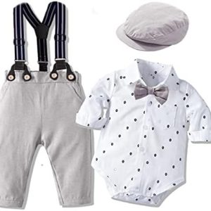 Volunboy Baby Boys Gentleman Suit, Toddler Formal Bow Tie Shirts + Suspenders Pants 4PCS Outfit