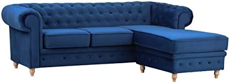 Windsor Chesterfield style Blue French Velvet fabric Corner Sofa Armchair (Right Hand Corner)