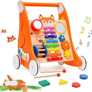 Wooden Baby Walker, Sit-to-Stand Learning Baby Walkers for Toddlers, Multiple Activity Center Orange Toys with Music, Educational Gifts for Babies