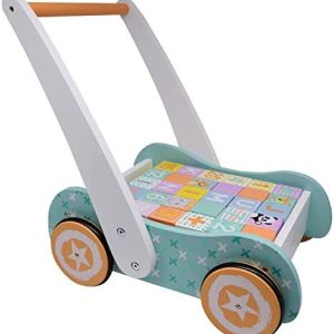 Wooden Baby Walker with Blocks - Wooden Push Along Trolley - 123 and ABC Bricks - Suitable for Toddlers and Babies from 12 Months