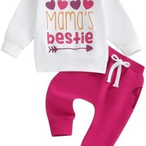 XIXIMAON Toddler Baby Girls Jogger Suit Set Mama 's Bestie Letter Print Long Sleeve Jumper Top Sweatpants Infant Valentine's Clothes