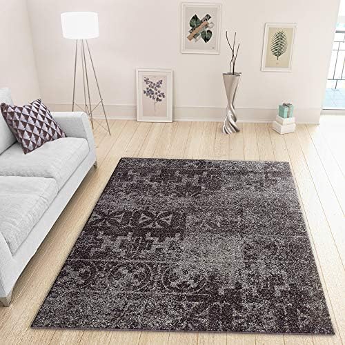 XRUG Modern Dark Brown Grey Rug Shabby Chic Pattern 160x220 cm - 5'3''x7'3'' ft Woven Low Pile Floor Carpet for Bedroom & Living Room