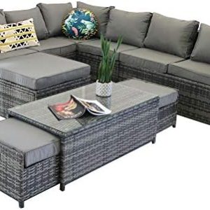 YAKOE Vancouver 9 Seater Corner Rattan Garden Set in Grey, Gray