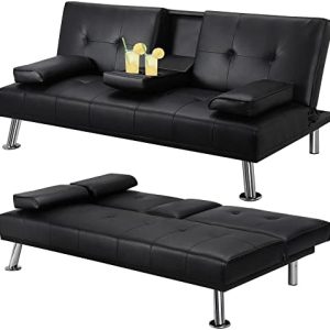 Yaheetech Click Clack Sofa Bed Faux Leather 3 Seater Sofa Couch Living Room/Spare Room/Guest Room Bed Settee With Cup Holders Black