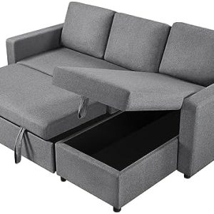 Yaheetech Sofa Bed, L-Shaped Sofa Corner Sofa, 3 Seater Pull out Sofa Bed with Storage, Convertible Click Clack Sofa Bed Settee Sectional Sofa for Living Room, Office, Light Grey