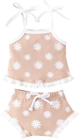 Yanmucy Baby Girl Clothes Outfits Summer Daisy Waffle Suspender Ruffle Shorts Set Newborn Toddler Infant Sleeveless Clothing Overall Outfits