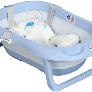 ZONEKIZ Foldable Baby Bathtub Set, Collapsible Bath Tub Antibacterial with Non-Slip Support, Cushion Pad, Drain Plugs, Shower Head Holder, Storage Compartments, for Ages 0-6 Years - Blue