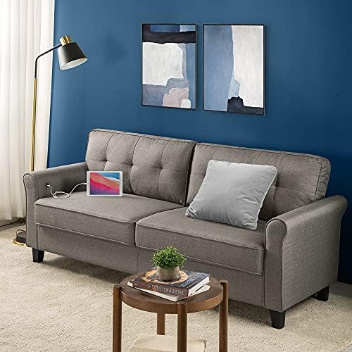 Zinus Sayan Loveseat Sofa - 3-Seater Sofa 200x80x86 cm - Sofa with USB Ports - Mid-century design sofa - Tufted Cushions - Grey