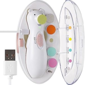 haakaa Happii Bear Baby Nail File Electric Nail Trimmer with LED Light, Rechargeable Baby Nail Trimmer for Newborn/Adults Toes and Fingernails, Additional Replacement Heads & Charging Cable
