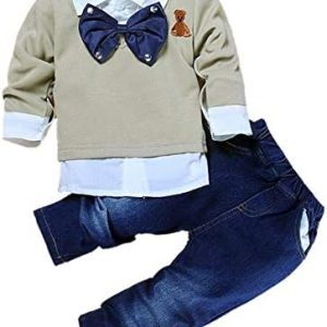 puseky Toddler Baby Boy Bow Tie Shirt Tops+Denim Pants Gentleman Clothes Outfits