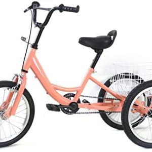 16 Inch Kids' Trike Tricycle Foldable 3-Wheel Bike with Basket and Backrest City Bike for 7-10 Years Old Boys and Girls (Orange)