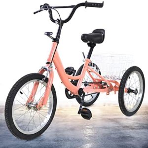 16 Inch Tricycle Outdoor Scooter Bicycle for 7-10 Years Old Boys and Girls, 3 Wheel trikes with Height Adjustable seat and Large Basket, Pedal tricycles,Kids Trikes with Titanium Wheel