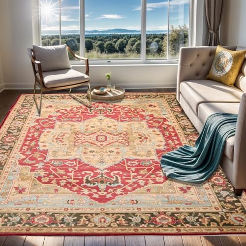 lekeplus Soft Vintage Rug Area Rug Persian Carpet Living Room Rugs Bedroom Rug Dining Room Carpet Home Decor Rugs Machine Washable CarpetsNon-Slip Rugs Low Pile Rug (Red, 160x230cm)