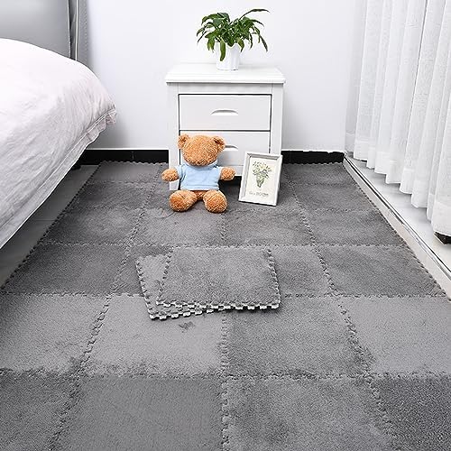 18 Pcs Square Foam Floor Mats,Washable Interlocking Plush Carpet Tiles,Soft Area Rugs,Parlor,Thin And Thick,Keep Warm,12X12 Inch(Size:12x12x0.39 Inch,Color:Gray)