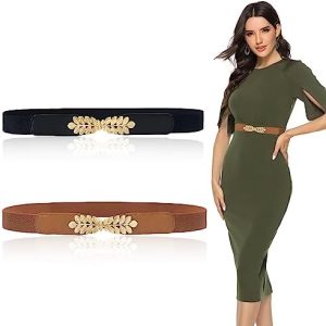 2 Pcs Womens Skinny Elastic Belts, Elastic Waist Belts for Women, Retro Stretch Belt for Dress, Ladies Fashion Leaf Alloy Buckle Stretchy Thin Waist Belt