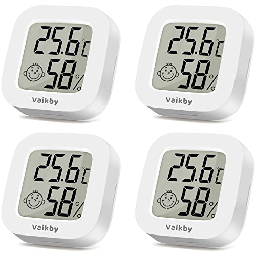 4Pack Room Thermometer Vaikby, Indoor Thermometer Hygrometer, Mini Digital Temperature Humidity Meter Gauge Monitor, Large LCD Display Celsius for House, Greenhouse, Baby, Office, Home, Garden, Cellar