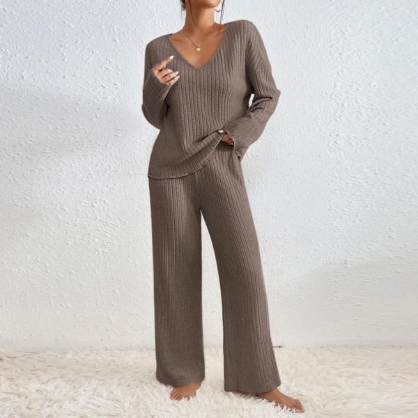 AMhomely Lounge Sets for Women UK Tracksuits Knitted Outfit Oversized Long Sleeve Solid Color Tops Wide Leg High Waist Trousers Pants Fluffy Cosy Pyjamas Holiday Dailywear - Image 2
