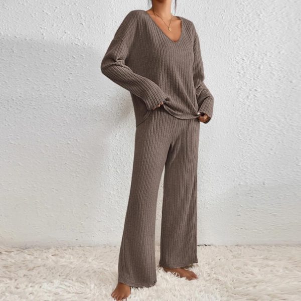 AMhomely Lounge Sets for Women UK Tracksuits Knitted Outfit Oversized Long Sleeve Solid Color Tops Wide Leg High Waist Trousers Pants Fluffy Cosy Pyjamas Holiday Dailywear - Image 5