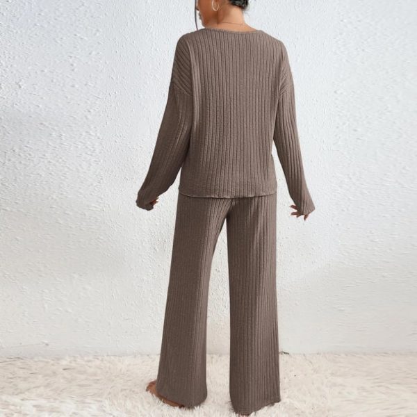 AMhomely Lounge Sets for Women UK Tracksuits Knitted Outfit Oversized Long Sleeve Solid Color Tops Wide Leg High Waist Trousers Pants Fluffy Cosy Pyjamas Holiday Dailywear - Image 4
