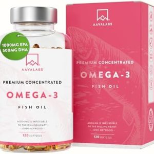 AAVALABS Omega 3 Fish Oil 2000mg per Daily dose (2 softgels) - 1000mg EPA + 500 mg DHA per dose - High Strength Omega 3 Fatty Acids Supplements - Molecularly Distilled - 120 Capsules - 60 Days Supply