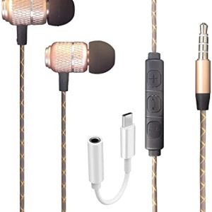 AMPLE For Google Pixel 8 8 Pro/Pixel 7A 6A / Pixel 7 7 Pro Earphone - Wired Bass Stereo In-ear Headphone (USB C To 3.5mm Jack Adapter Included) Headset Earbuds With in-line Volume Control (GOLD)