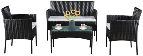 ASOWNSUN 4-Piece Rattan Garden Sofa Furniture Set –Indoor Outdoor Garden Furniture Rattan Set Black and Beige 4 Pieces Furniture