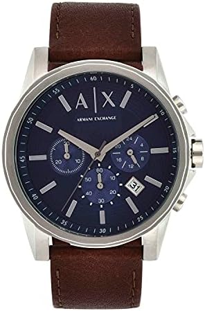 A|X Armani Exchange Stainless Steel Watch with Blue Dial and Brown Leather Strap