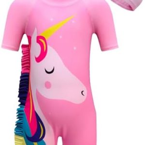 Aduya Girls Swimming Costume Kids UV Swimwear Toddler Unicorn Swimsuit Childs Rush Guard Beach Holiday Swim Wear with Cap