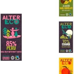 Alter Eco Bundle - Dark Chocolate Bar with Almonds, 85% Peru Dark, 70% Ecuador Dark, Dark Chocolate Orange - Organic, Fairtrade and Vegan Chocolate Bars, 4 x 100g