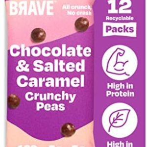 BRAVE Crunchy Peas: Chocolate & Salted Caramel - Delicious Healthy Snacks - Vegan - High in Plant Protein & Fibre - Low Calorie - Plant-Based, Dairy-Free - Lower Sugar - Box of 12 Packs (35g Each)